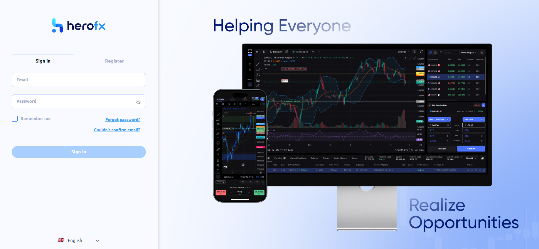 HeroFX login dashboard showing trading charts and account balance