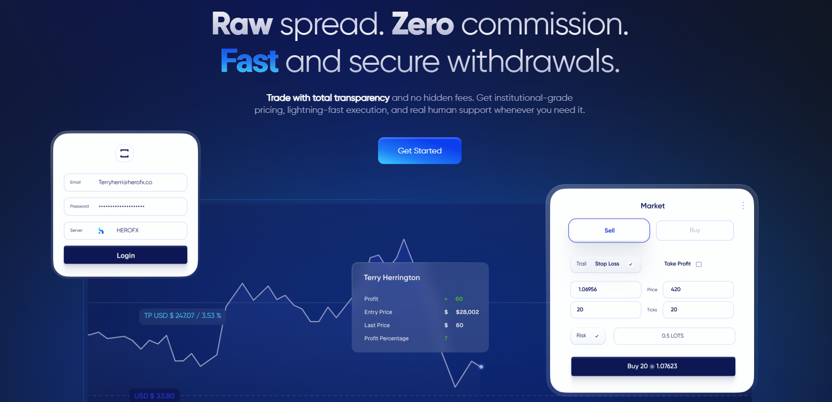 HeroFX trading dashboard showing crypto and forex pairs on a mobile device