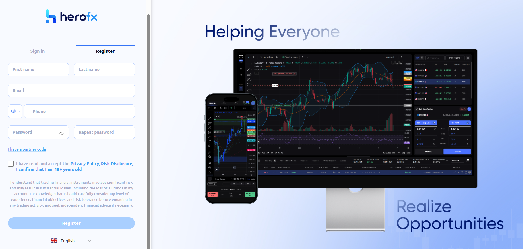 HeroFX sign up form interface on mobile and desktop