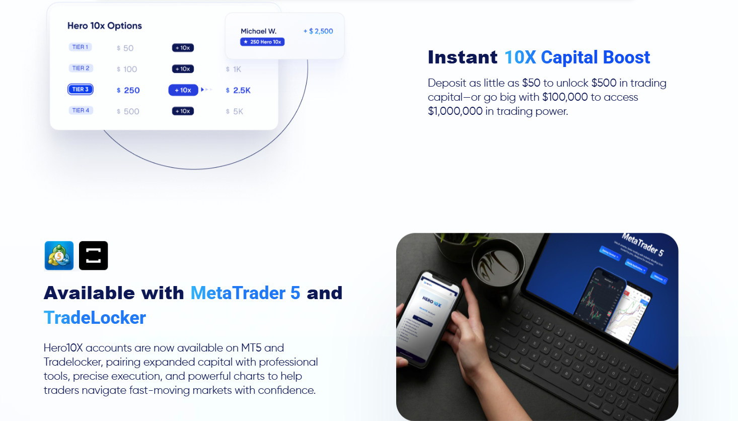 HeroFX trading dashboard displaying various crypto assets and forex pairs